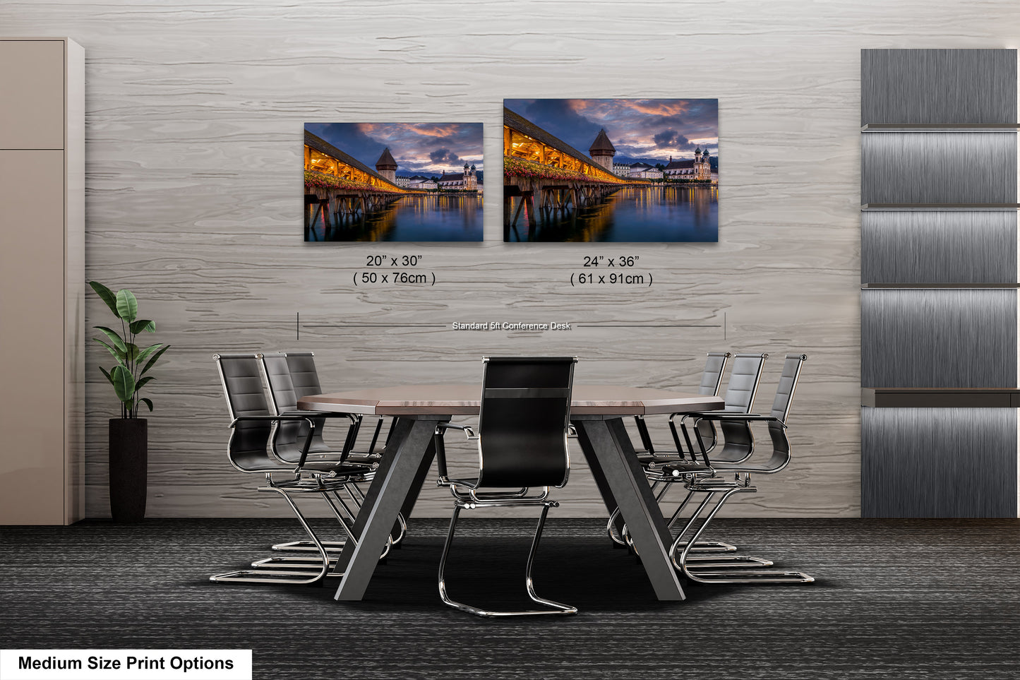 a dining room table with chairs and two pictures of a bridge