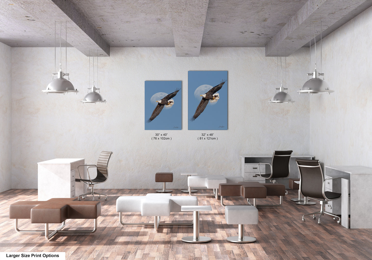 a modern office space with a minimalist design, featuring a large blue bird in flight, two framed prints of the same bird, and various office furniture and decor elements.
