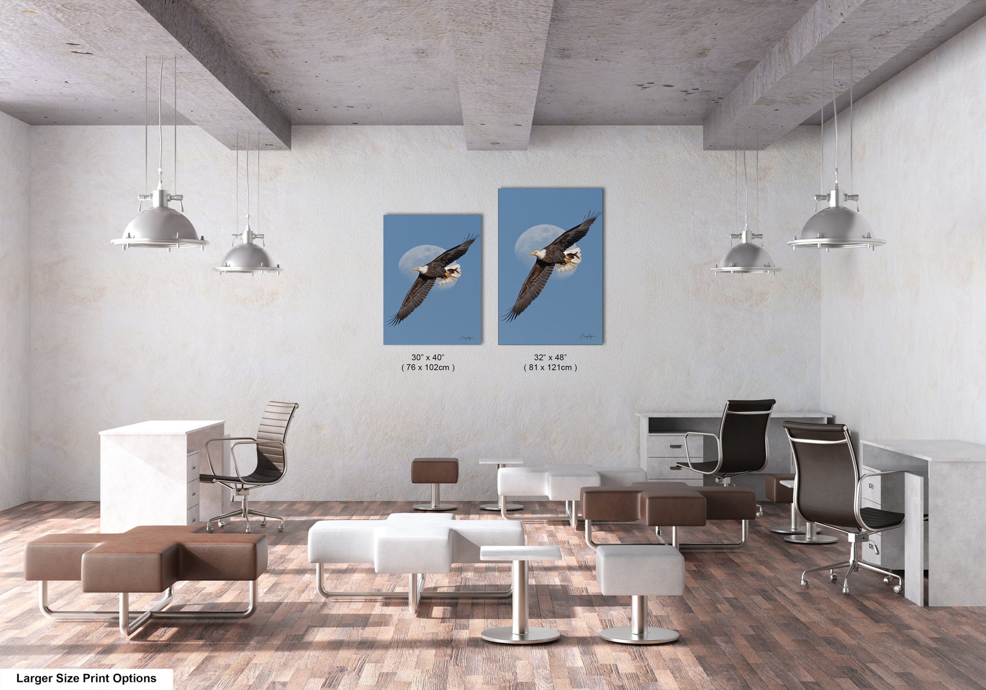 a modern office space with a minimalist design, featuring a large blue bird in flight, two framed prints of the same bird, and various office furniture and decor elements.