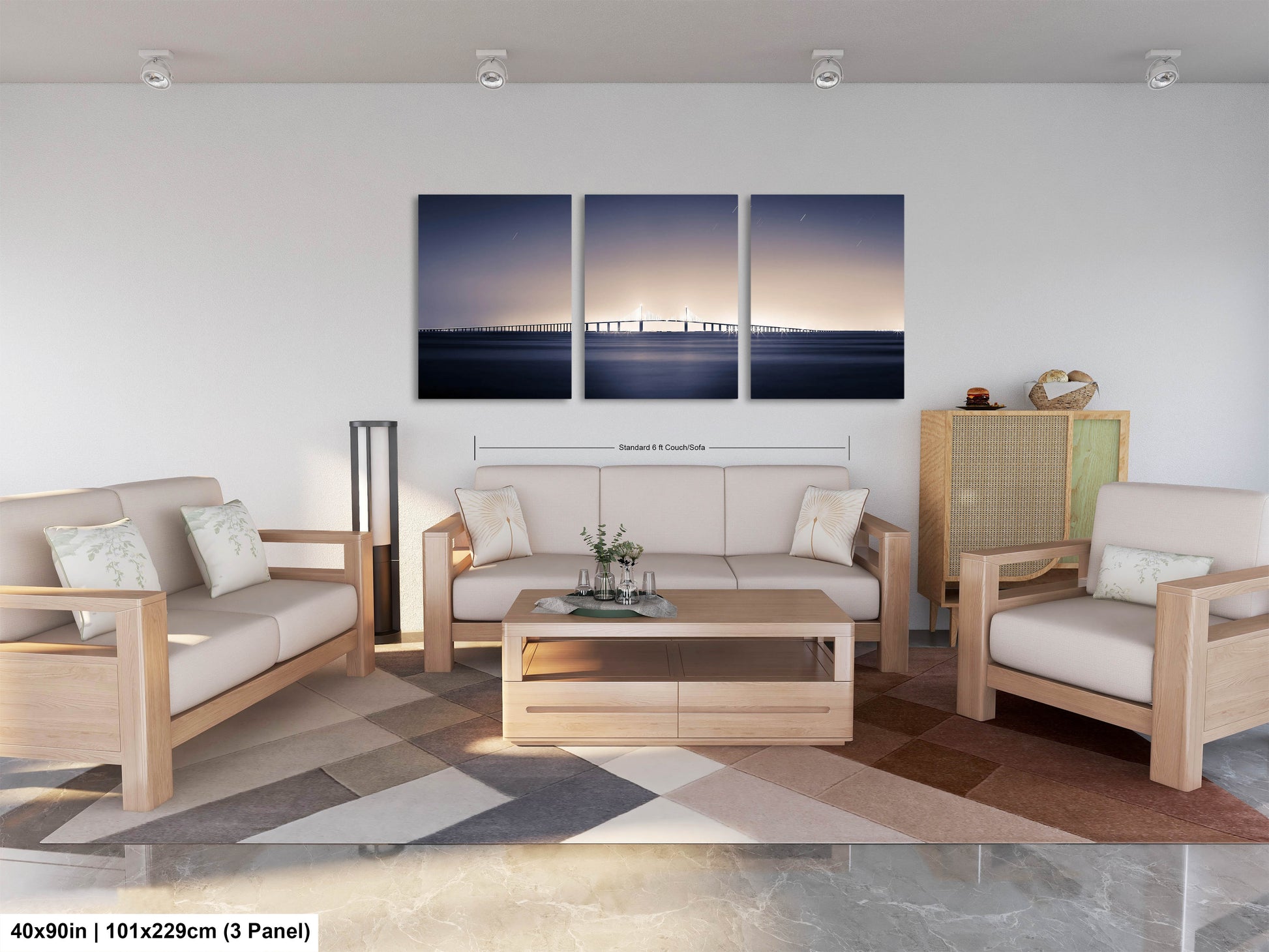 a living room filled with furniture and a painting on the wall