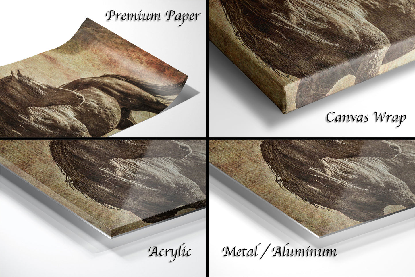 four different images of a horse on a canvas