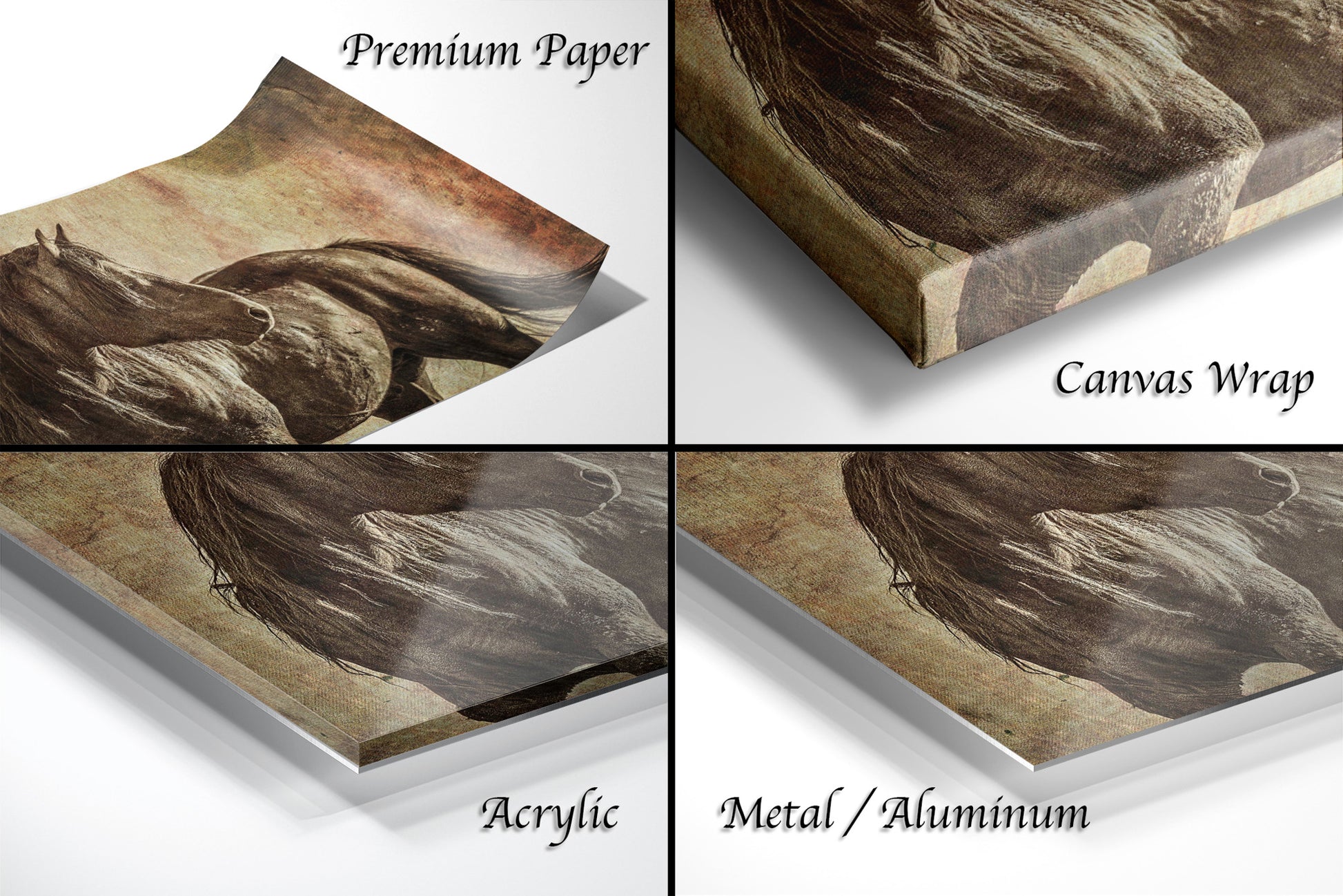 four different images of a horse on a canvas