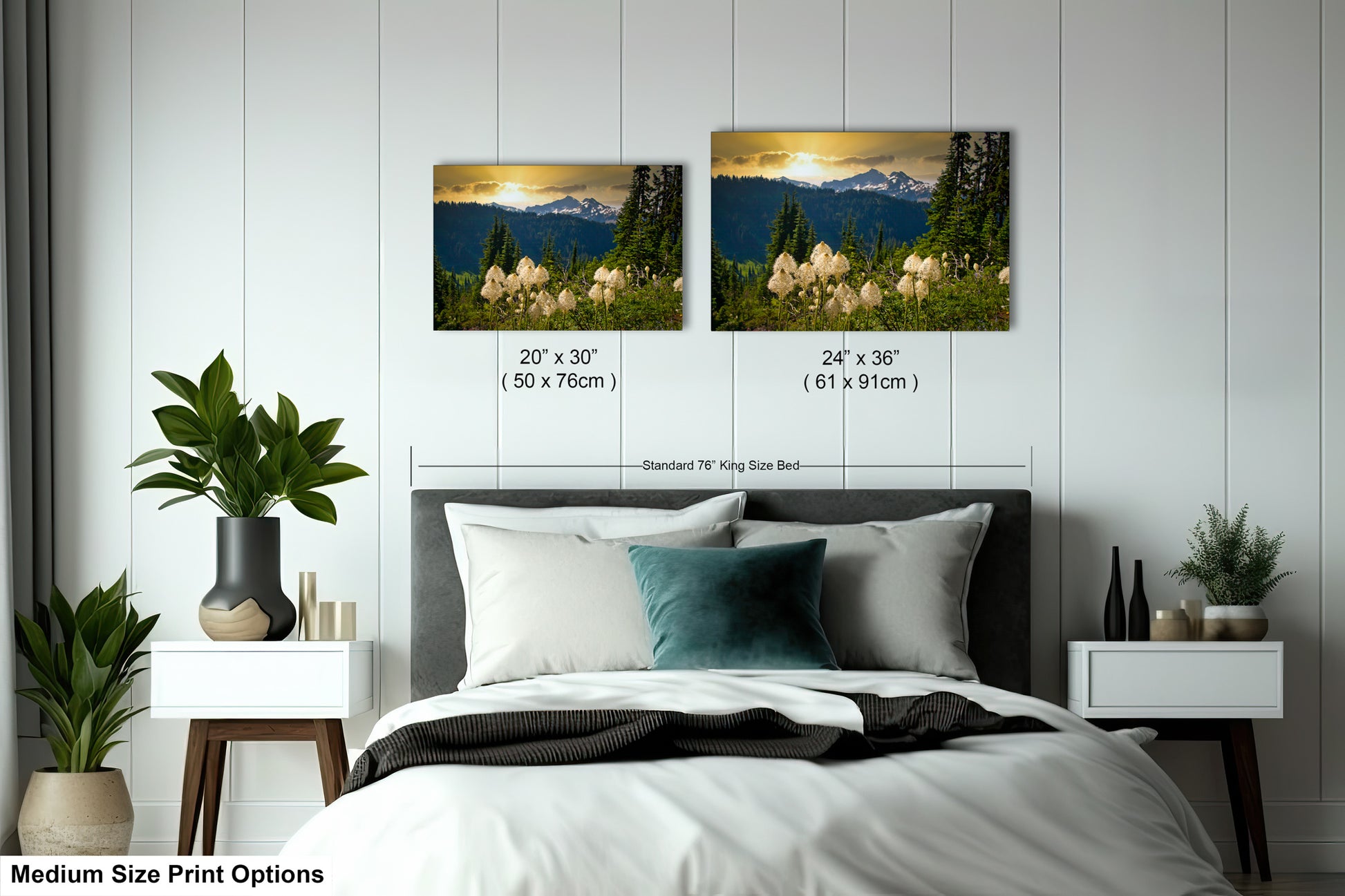 a bed room with a neatly made bed and two pictures on the wall