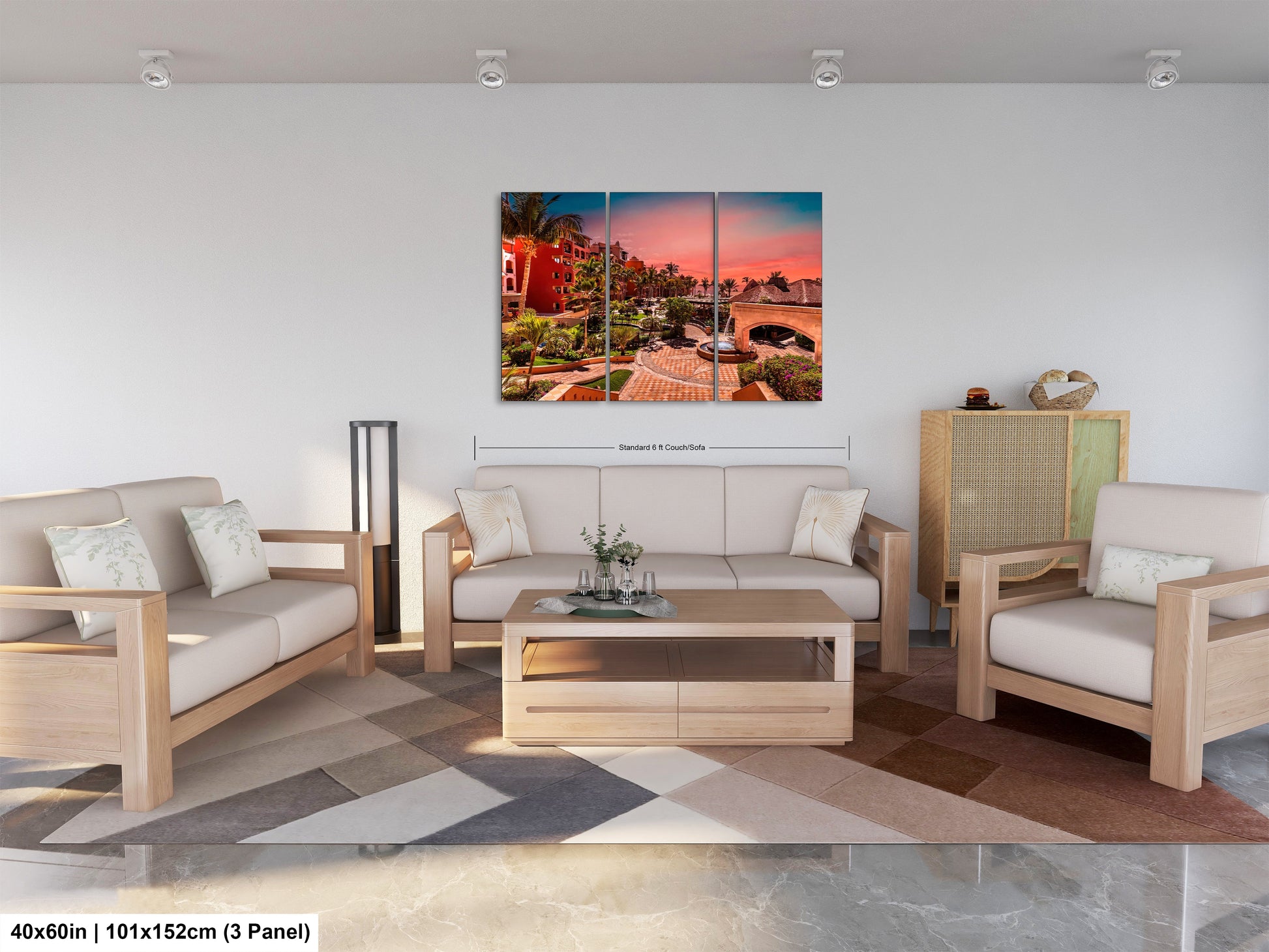 a living room filled with furniture and a painting on the wall