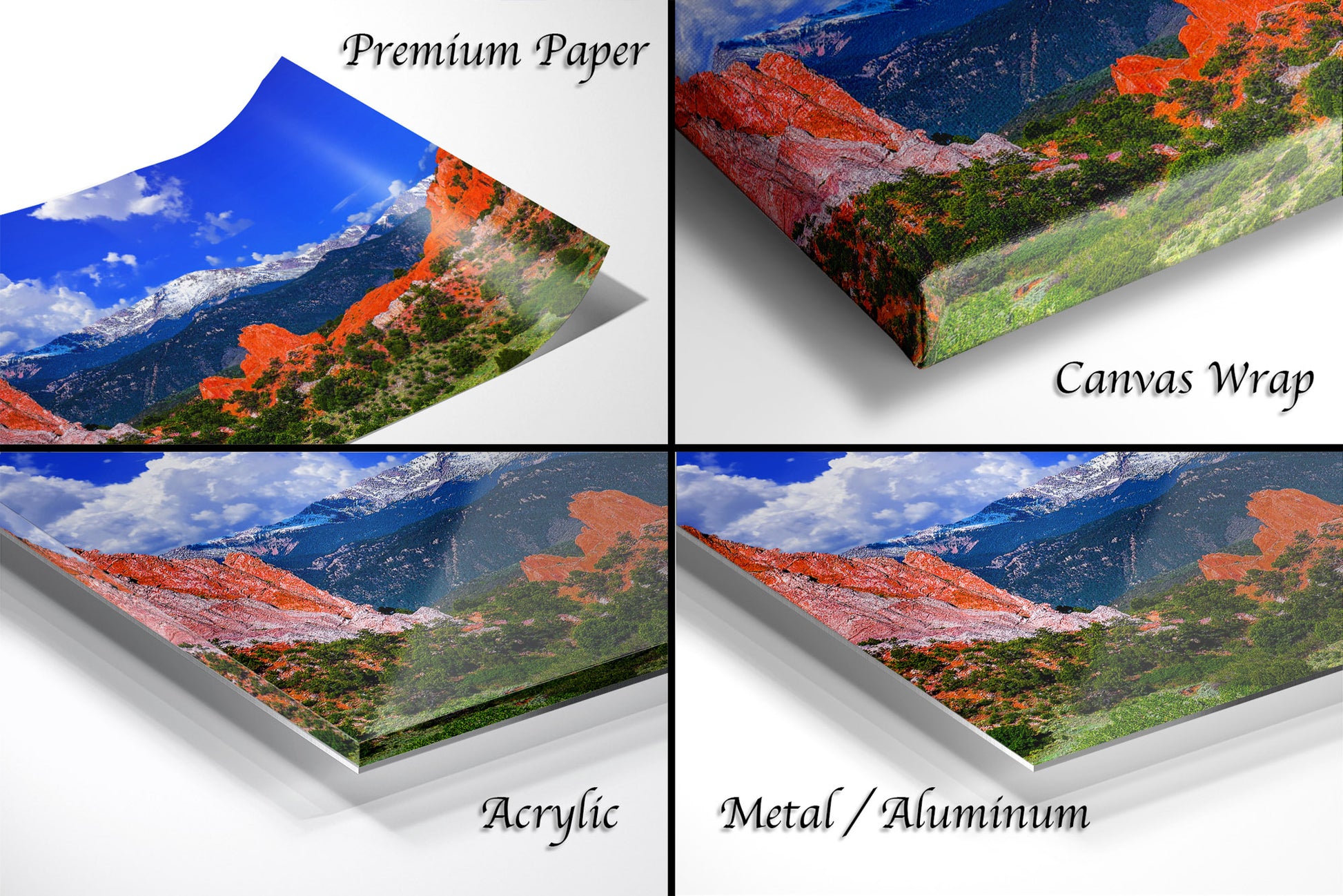 a series of four photos of a mountain range