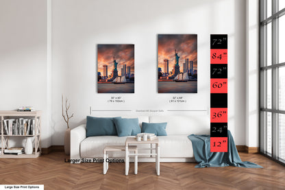 a living room with a white couch and two pictures on the wall