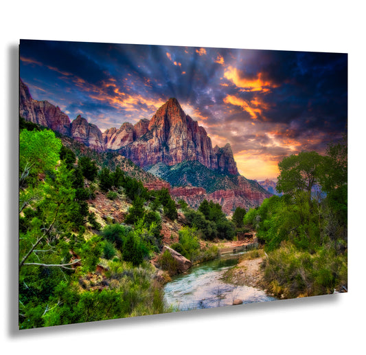 a painting of a mountain range with a river running through it