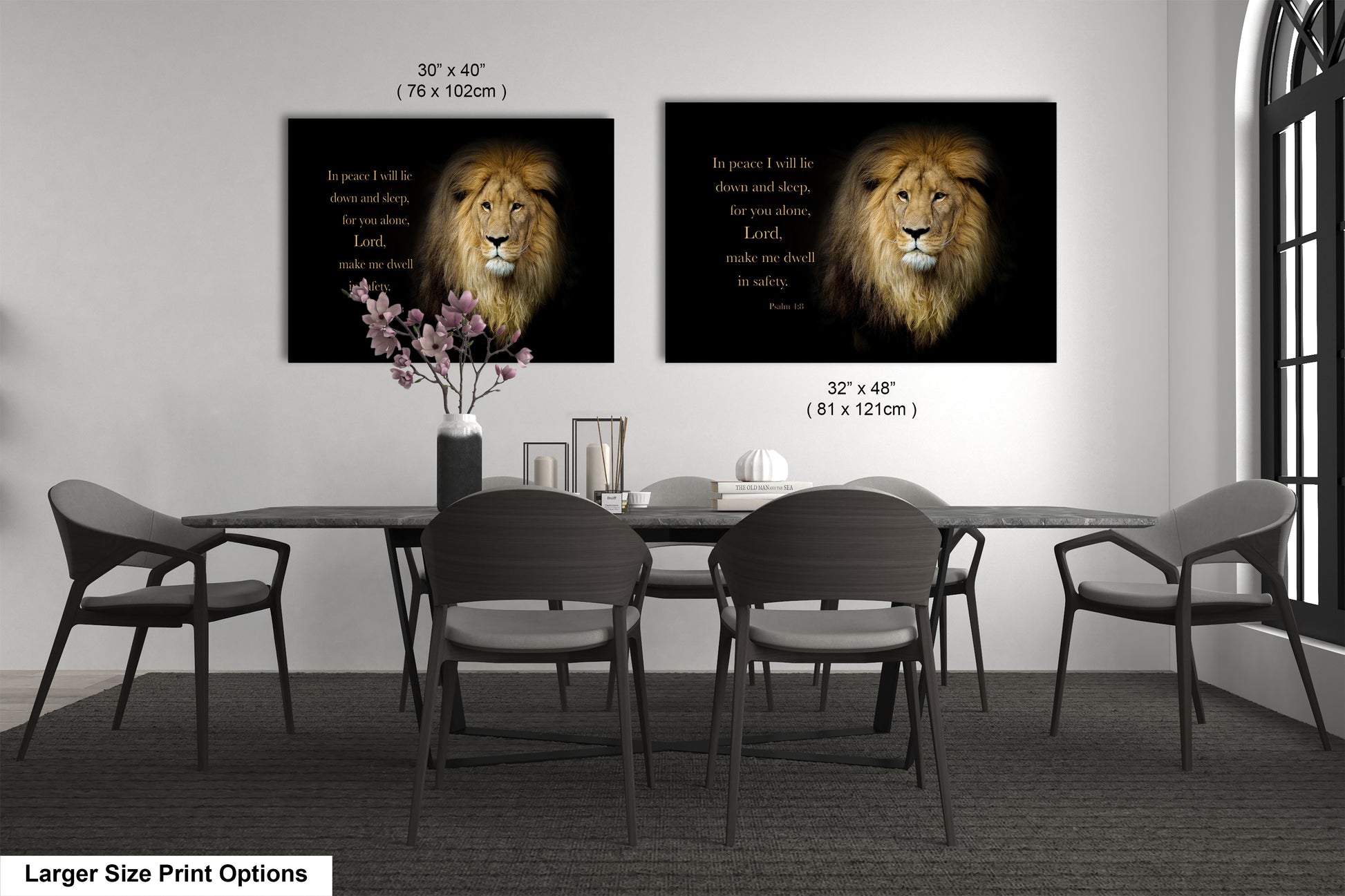 a dining room table with four chairs and two pictures of lions on the wall