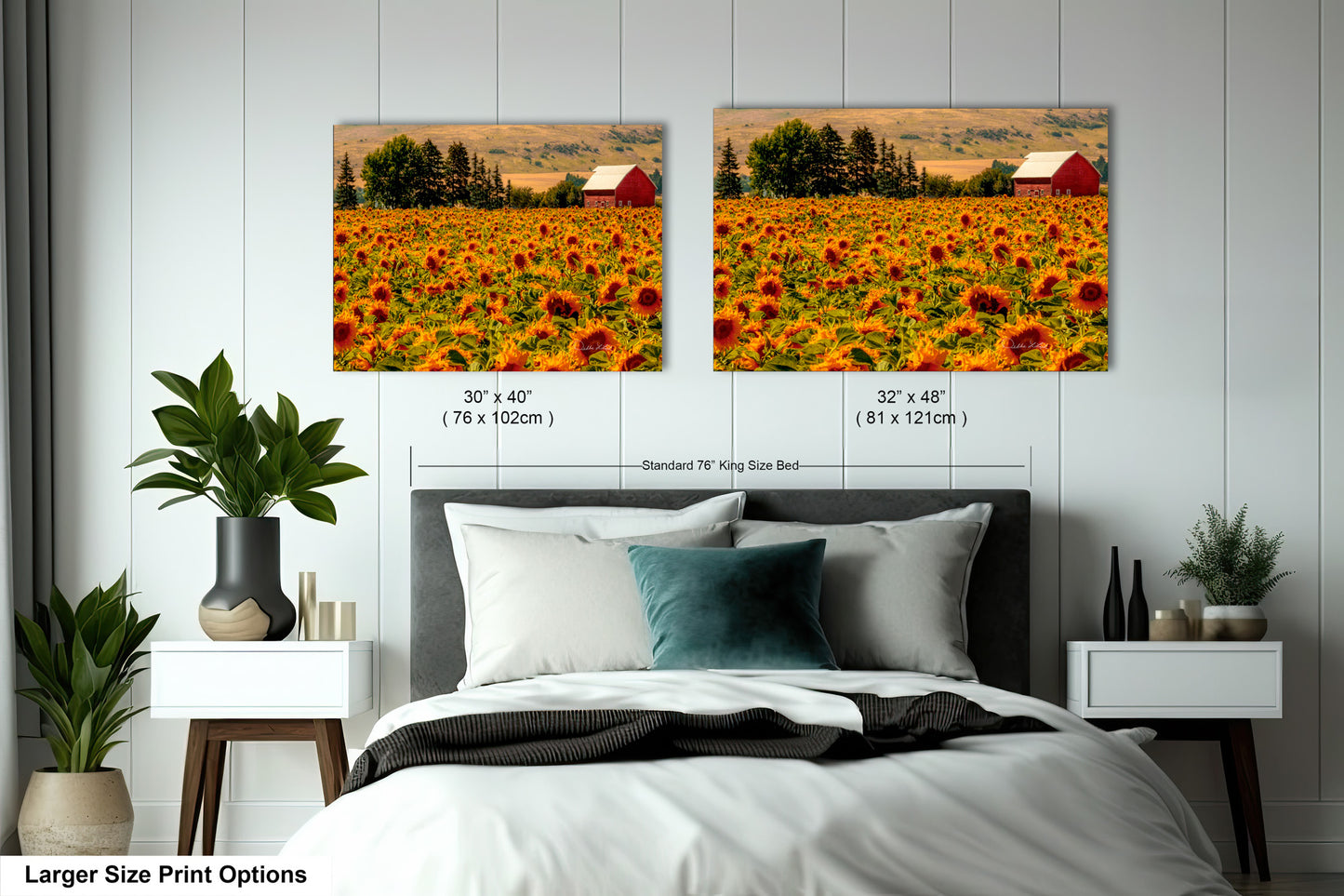 a bed with two pictures of a sunflower field