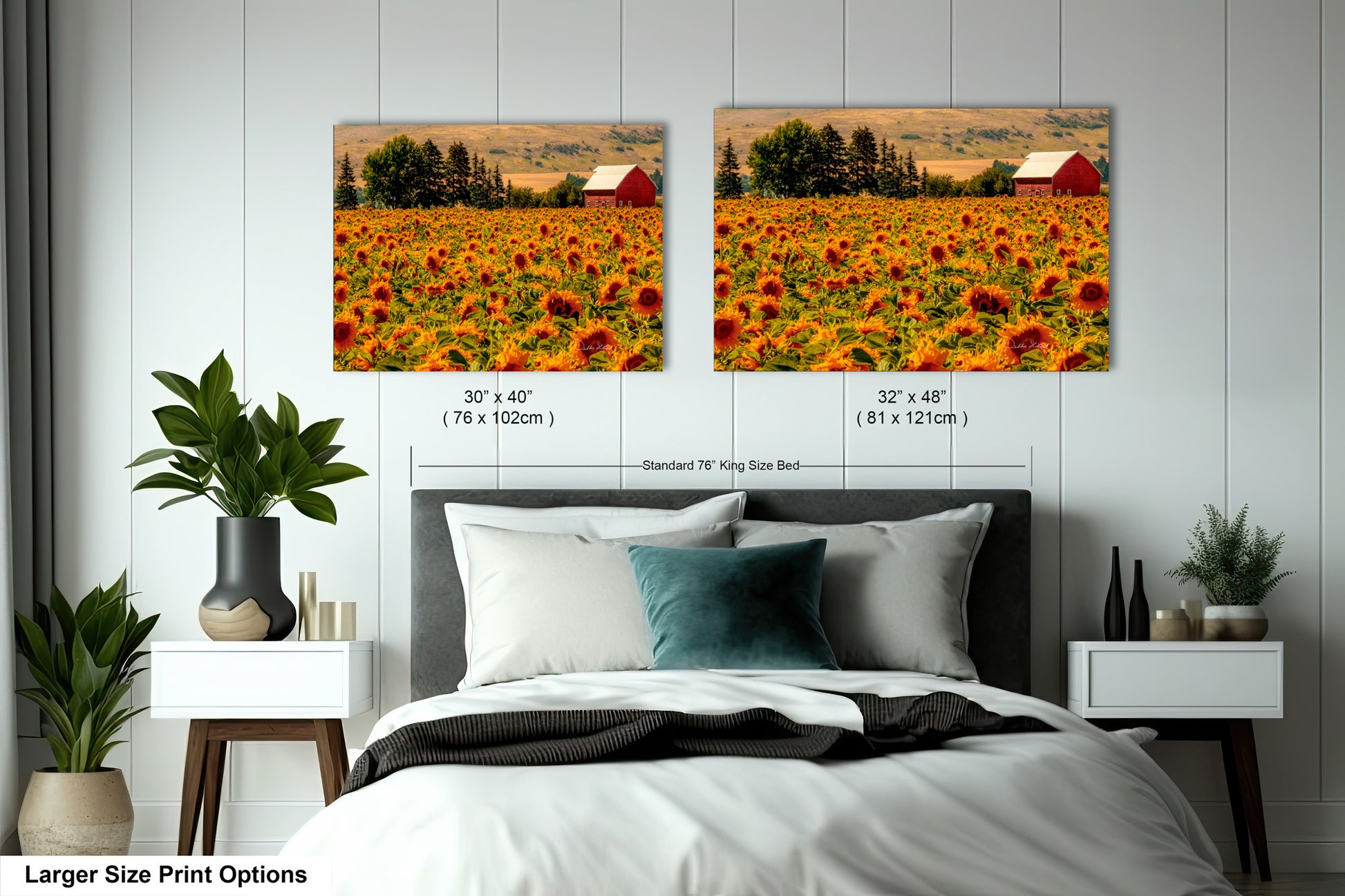 a bed with two pictures of a sunflower field
