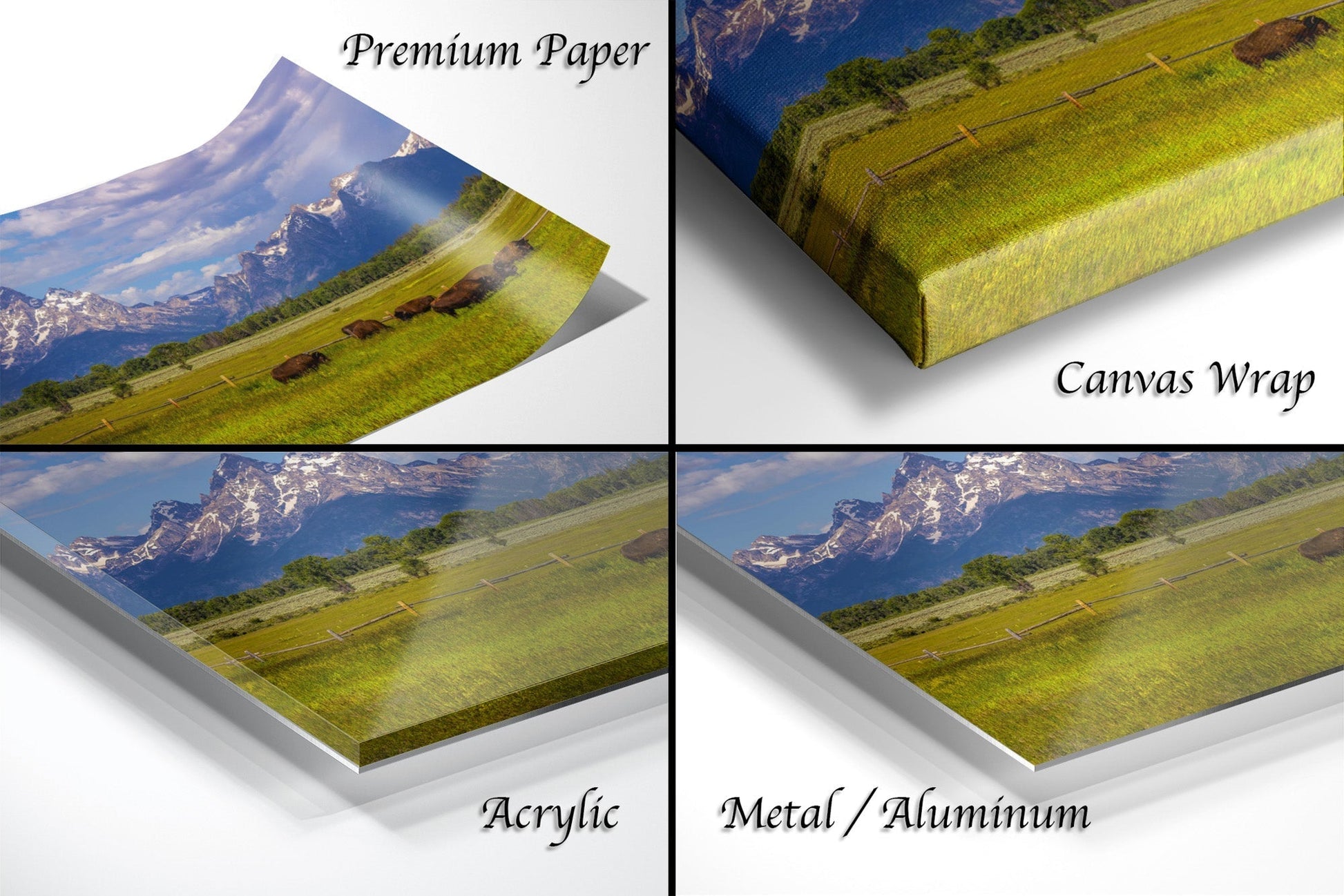 a series of four photos of a mountain range