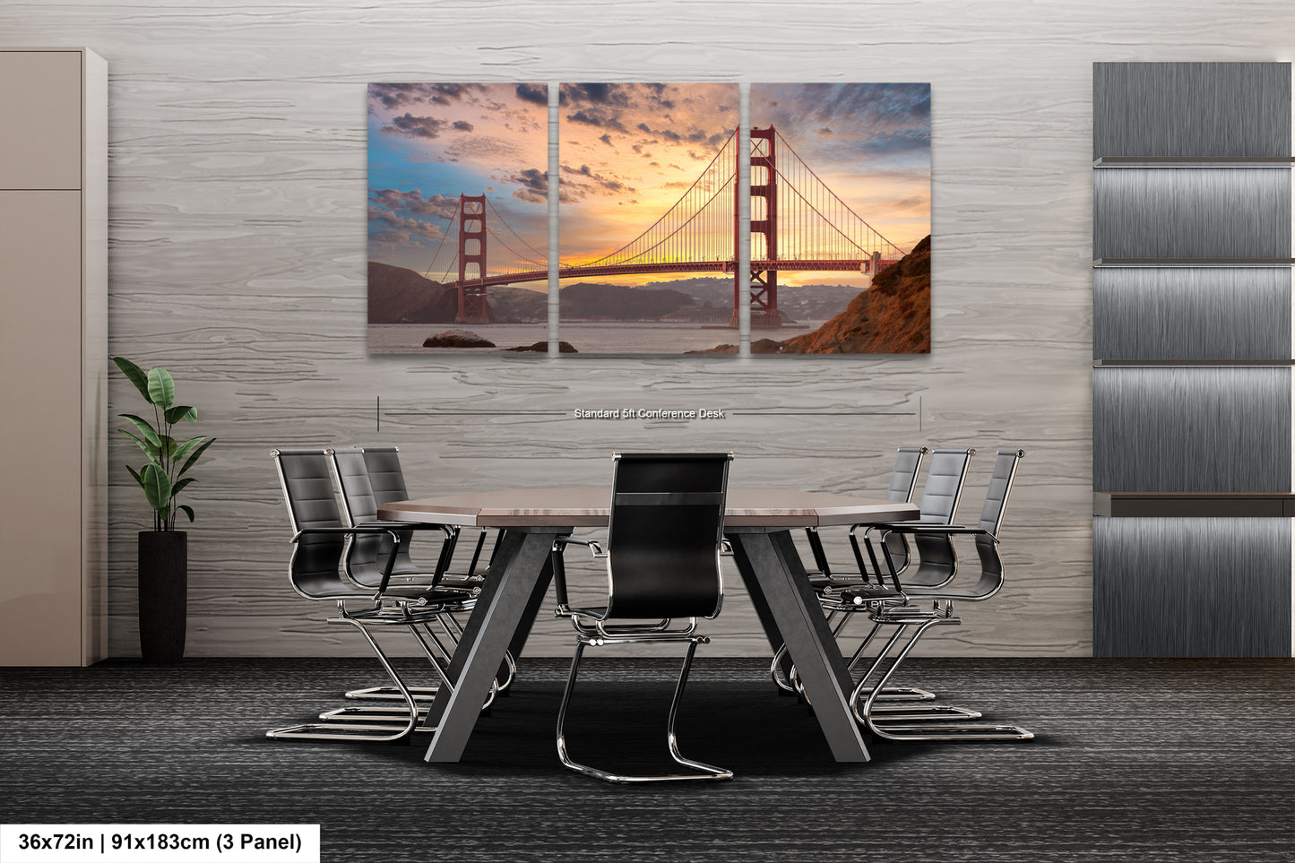 a dining room table with a view of the golden gate bridge