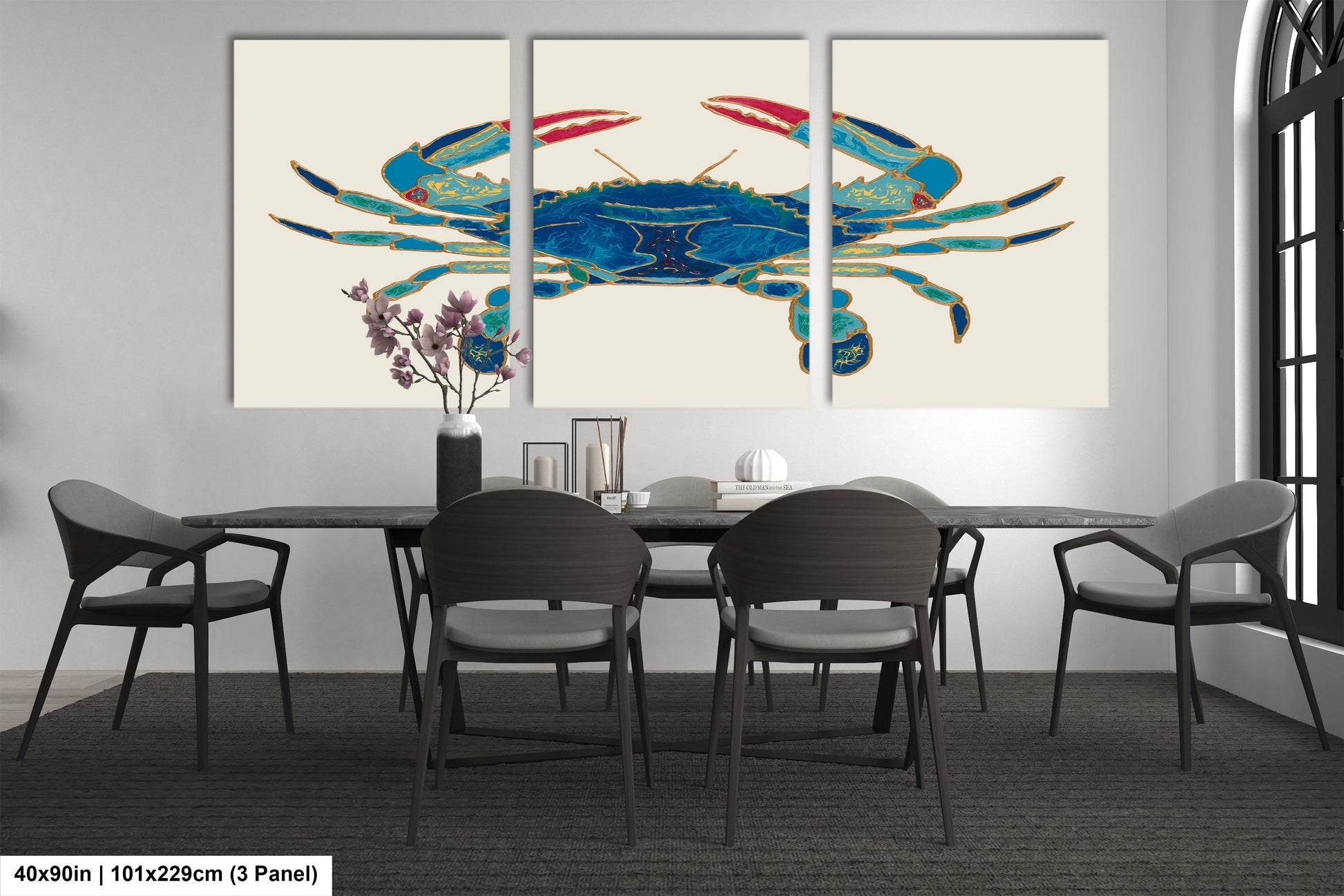 a dining room table with four chairs and a painting of a crab on the wall