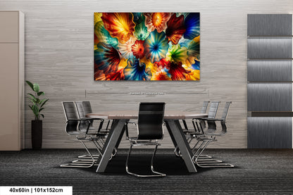 a modern office space with a large, colorful abstract painting hanging on the wall above a wooden table surrounded by chairs.