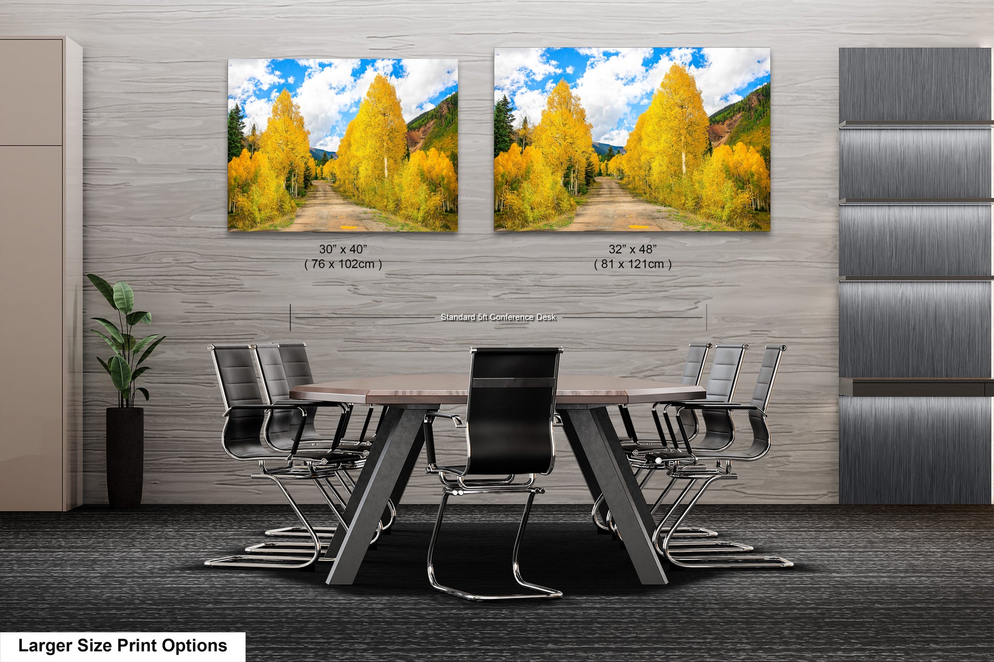 a dining room table with chairs and two pictures on the wall