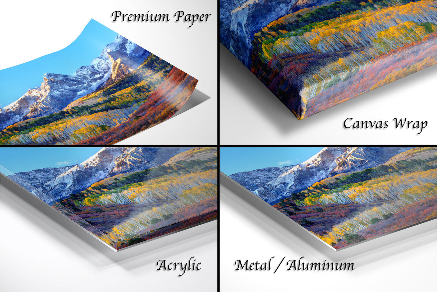 four different views of a mountain range with autumn colors