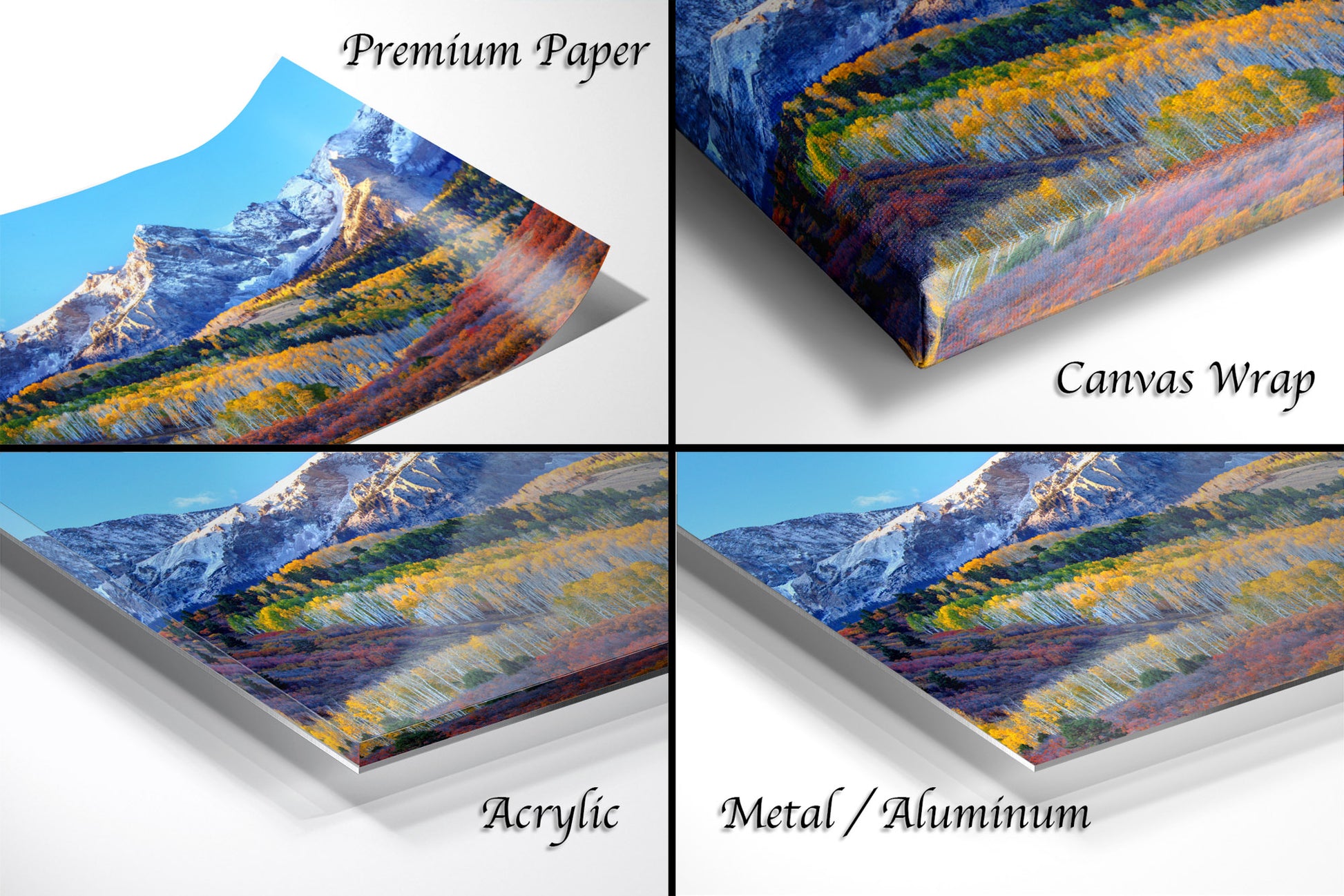 four different views of a mountain range with autumn colors