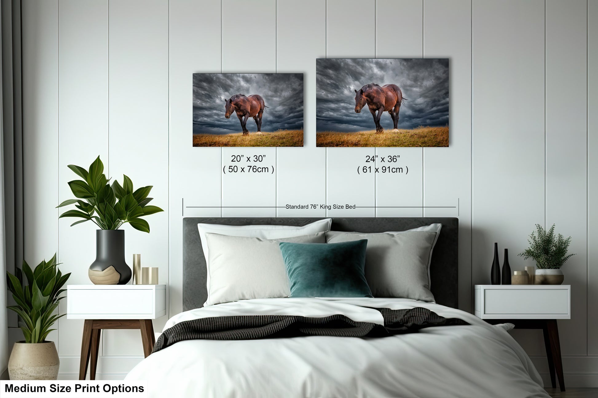 a bedroom with two pictures of horses on the wall