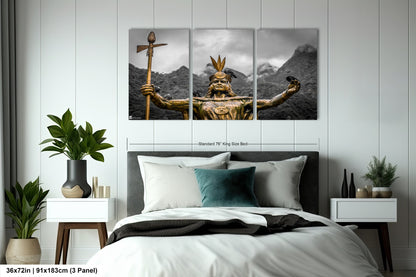 a bed room with a neatly made bed and paintings on the wall