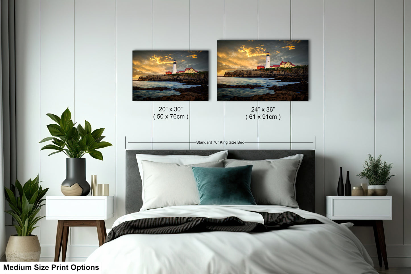 a bedroom with a bed and two pictures on the wall