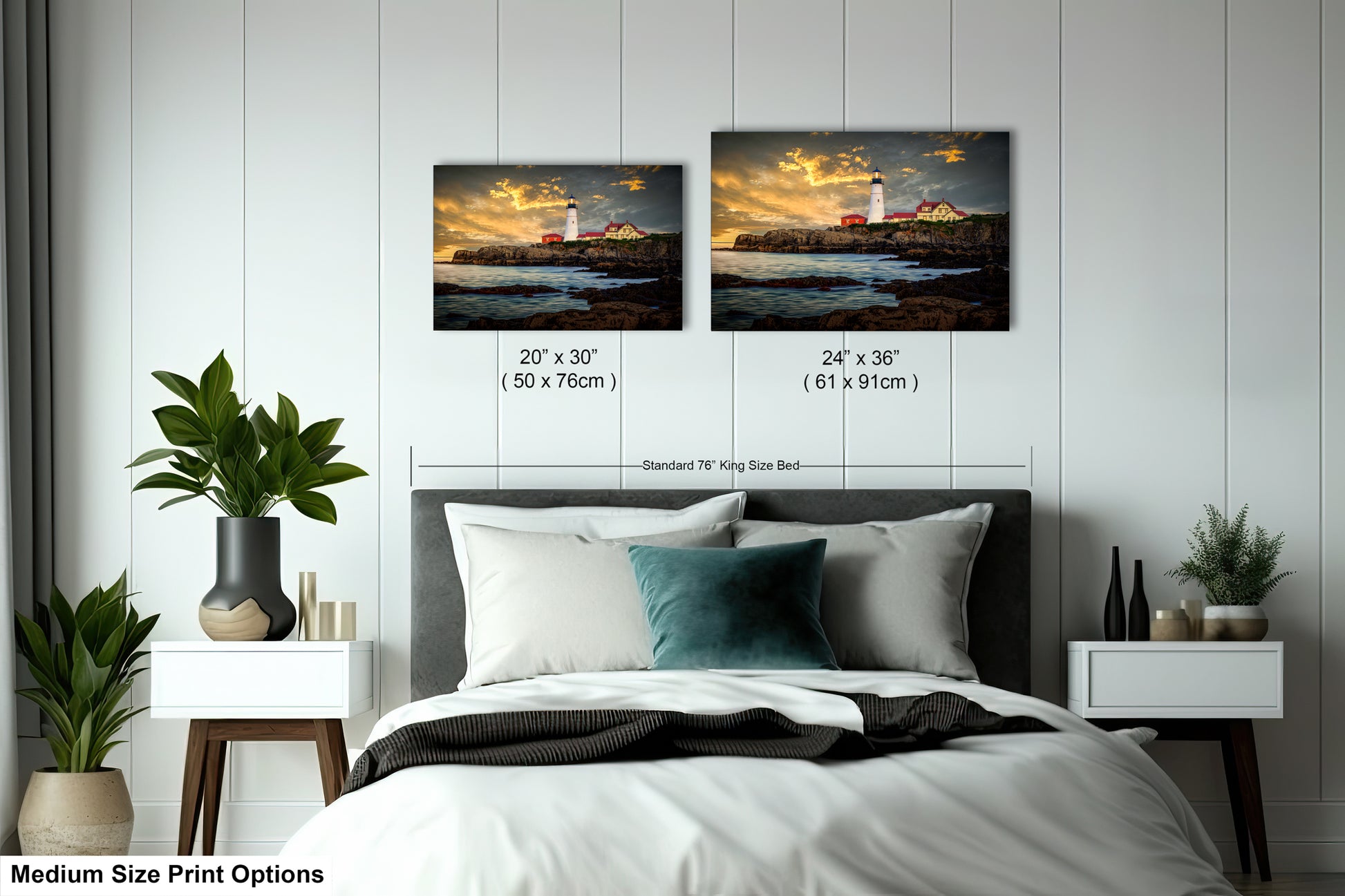 a bedroom with a bed and two pictures on the wall
