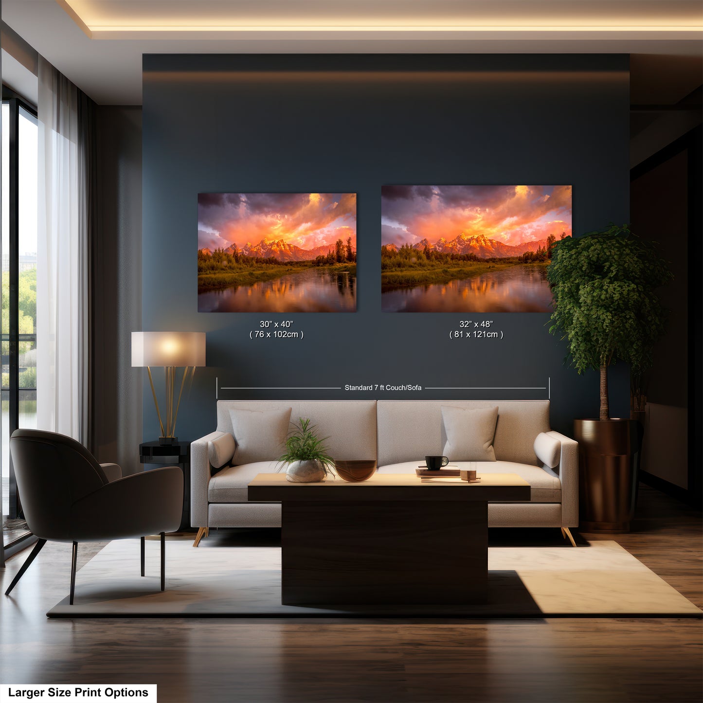 a living room filled with furniture and a painting on the wall