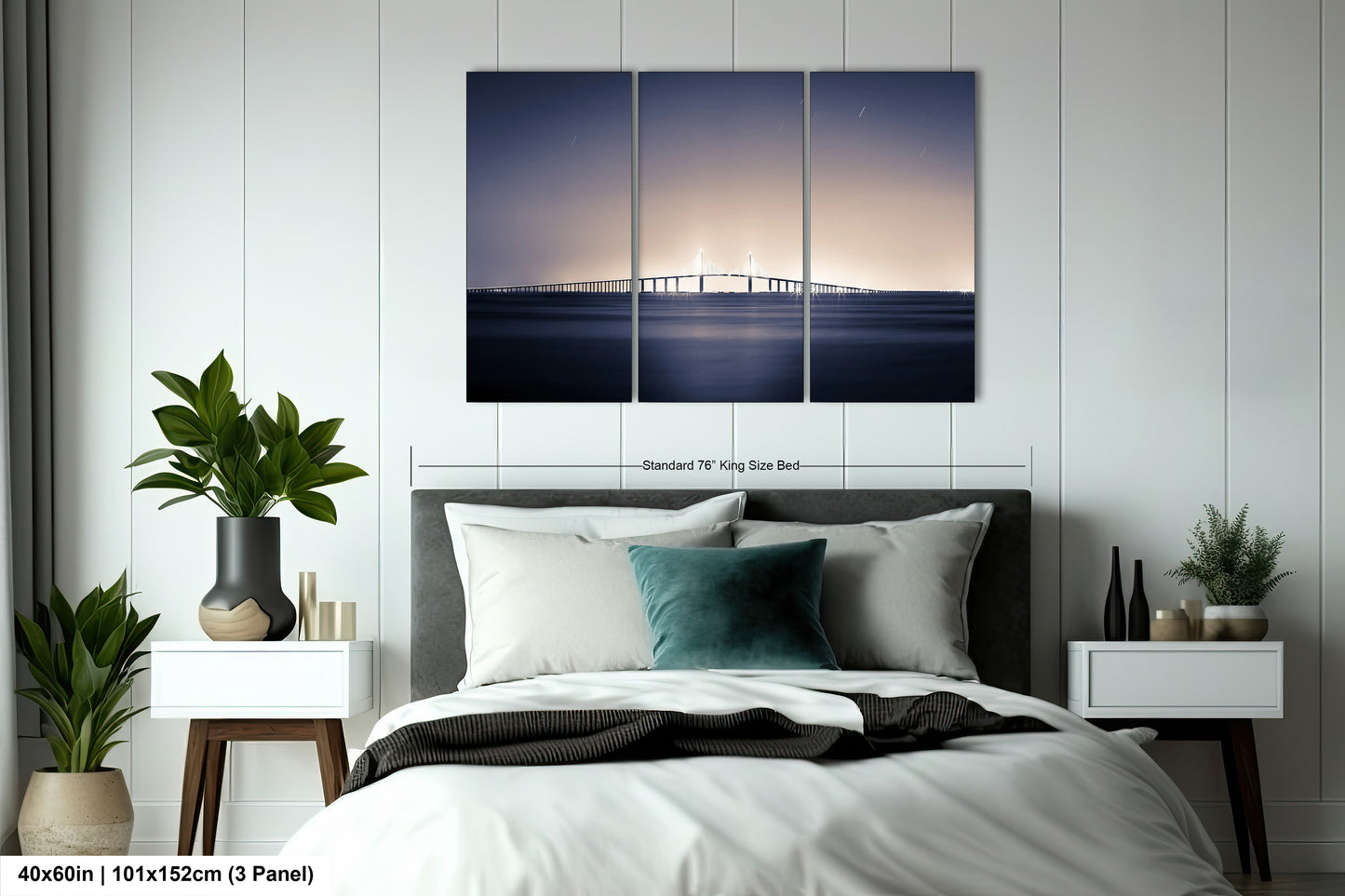 a bedroom with a bed and a painting on the wall