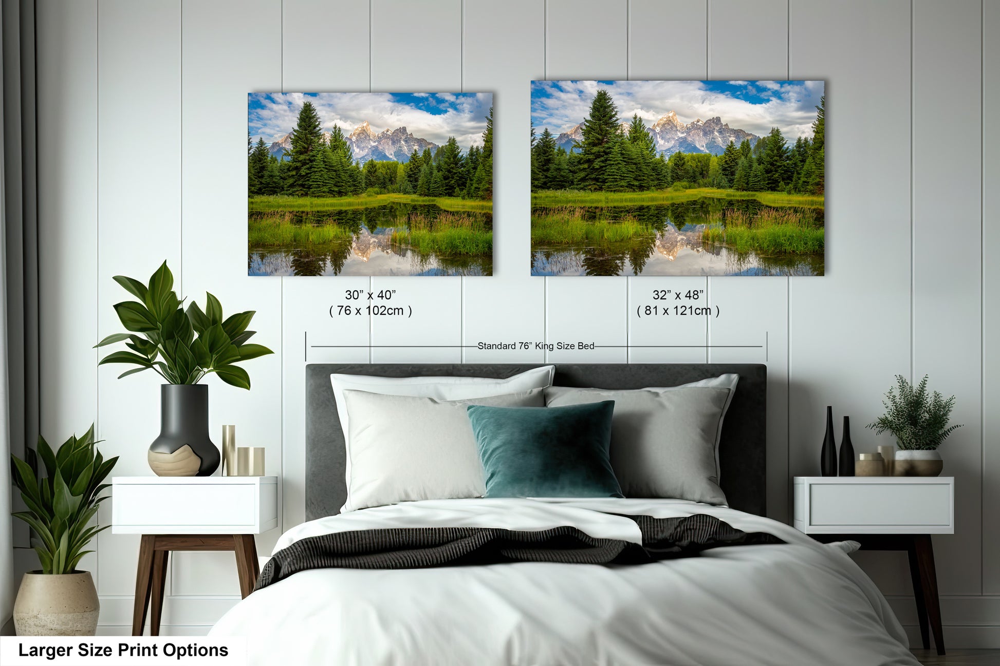 a bedroom with a bed and two pictures on the wall