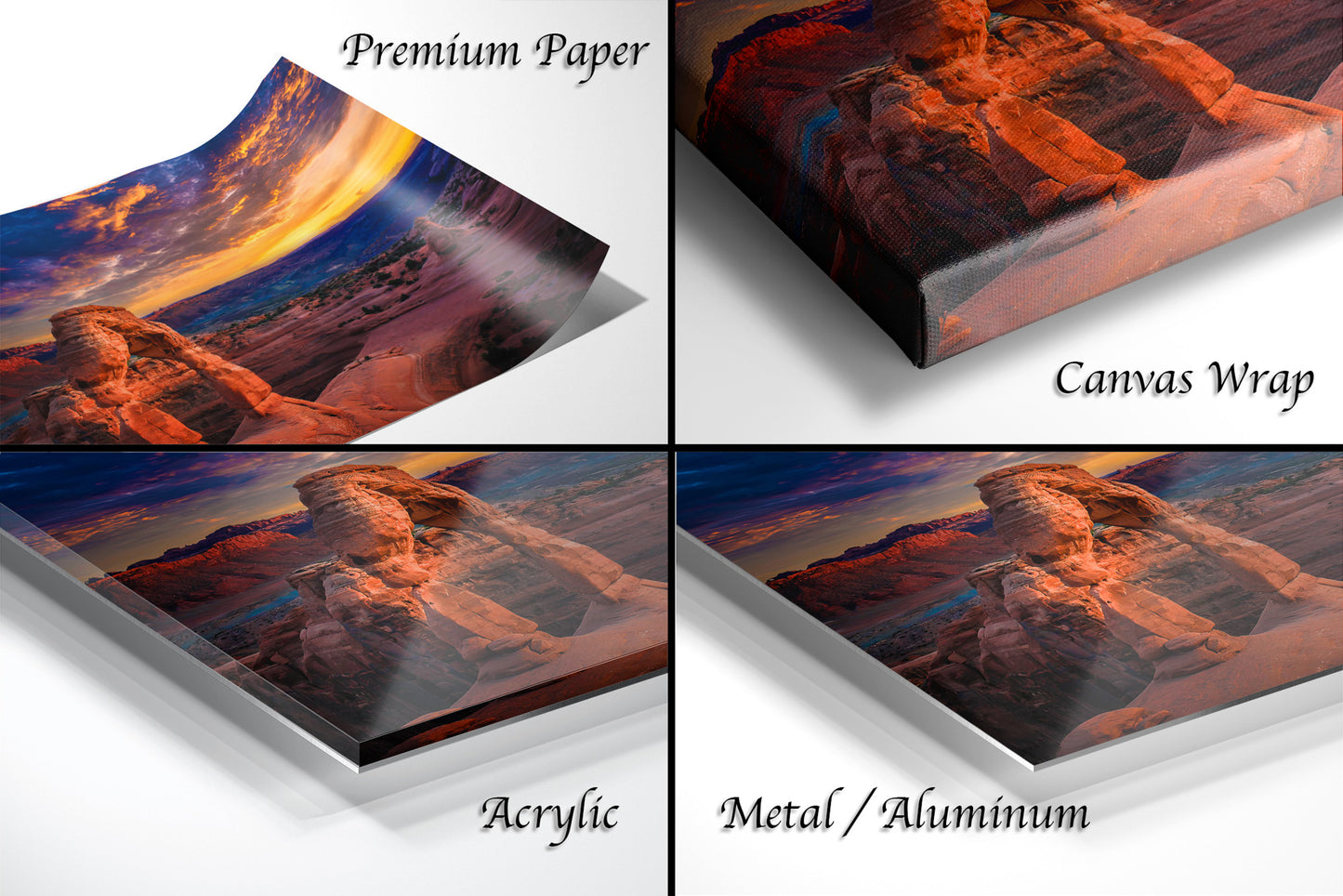 a series of four images of a desert landscape
