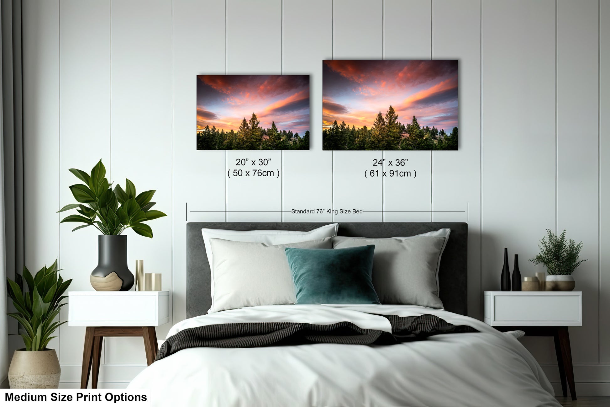 a bedroom with a bed and two pictures on the wall