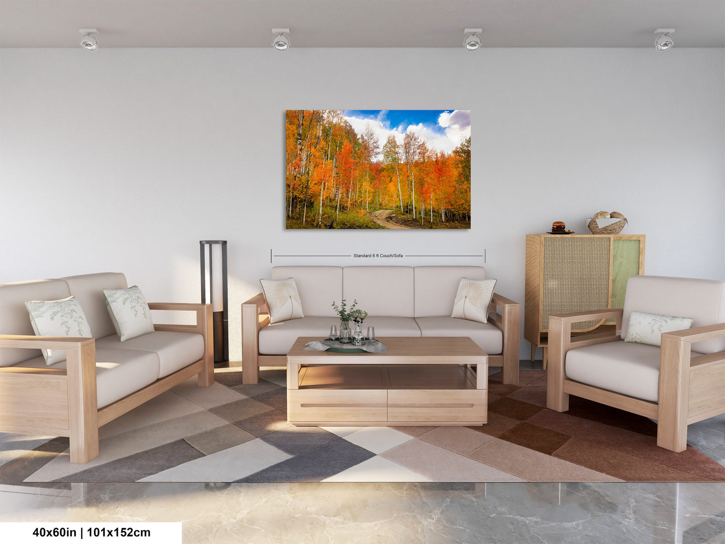 a living room filled with furniture and a painting on the wall