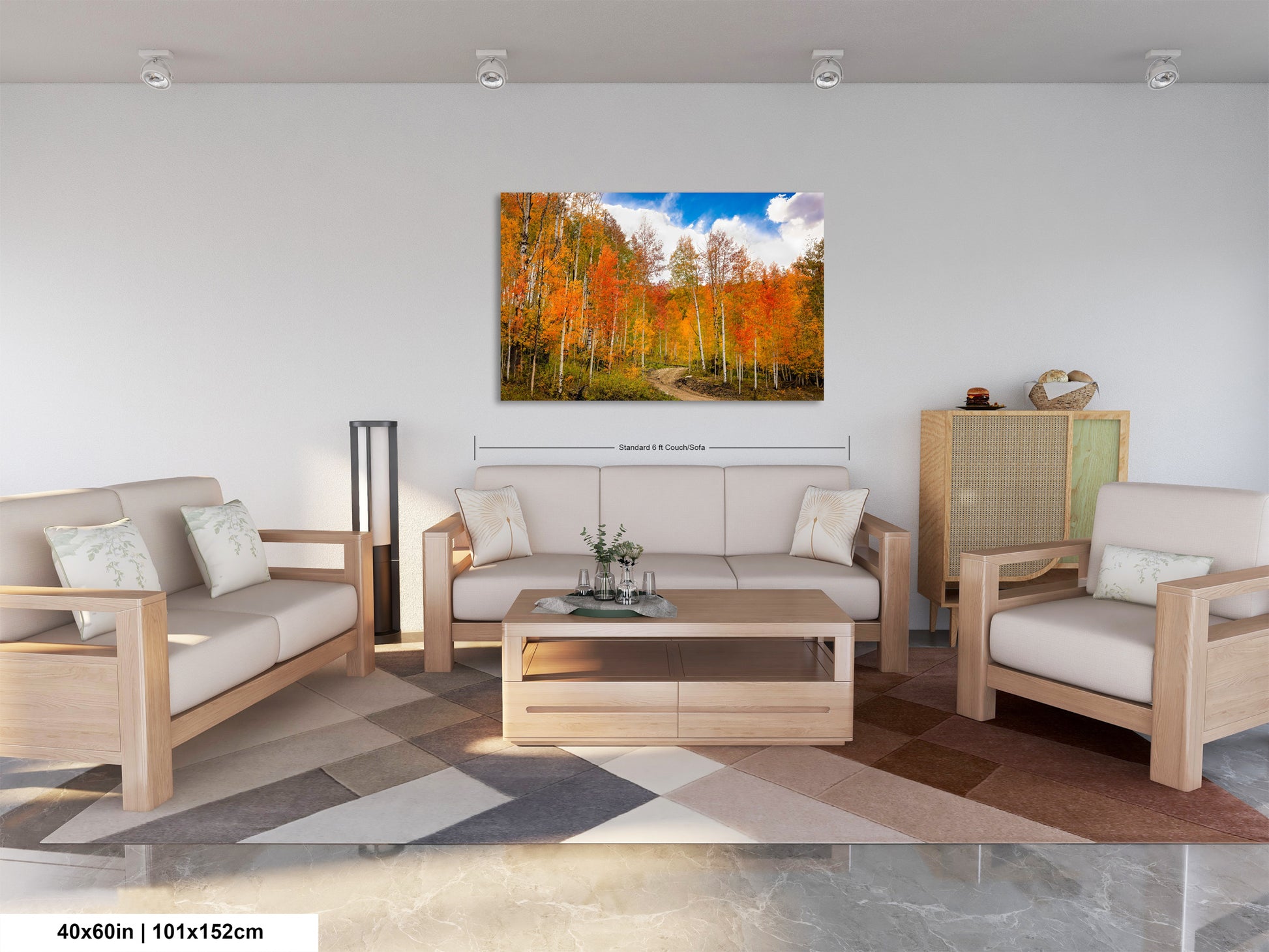 a living room filled with furniture and a painting on the wall
