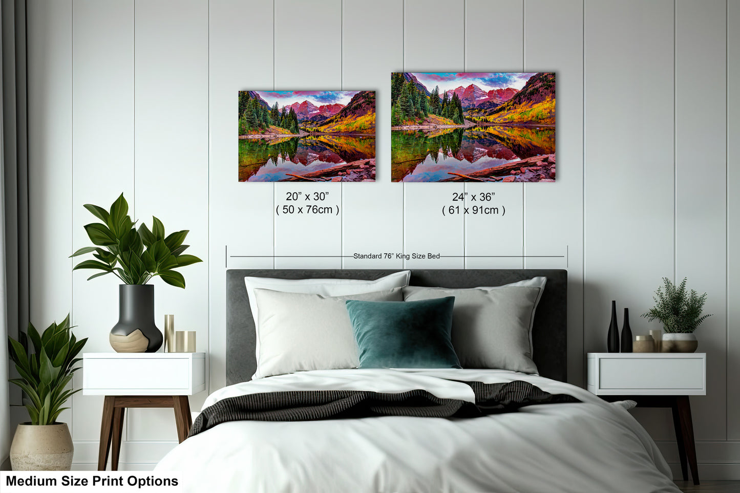 a bed room with a neatly made bed and two pictures on the wall