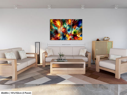 a modern living room with a large, colorful abstract painting hanging on the wall. The room is furnished with a sofa, two chairs, and a coffee table, creating a comfortable and inviting atmosphere.