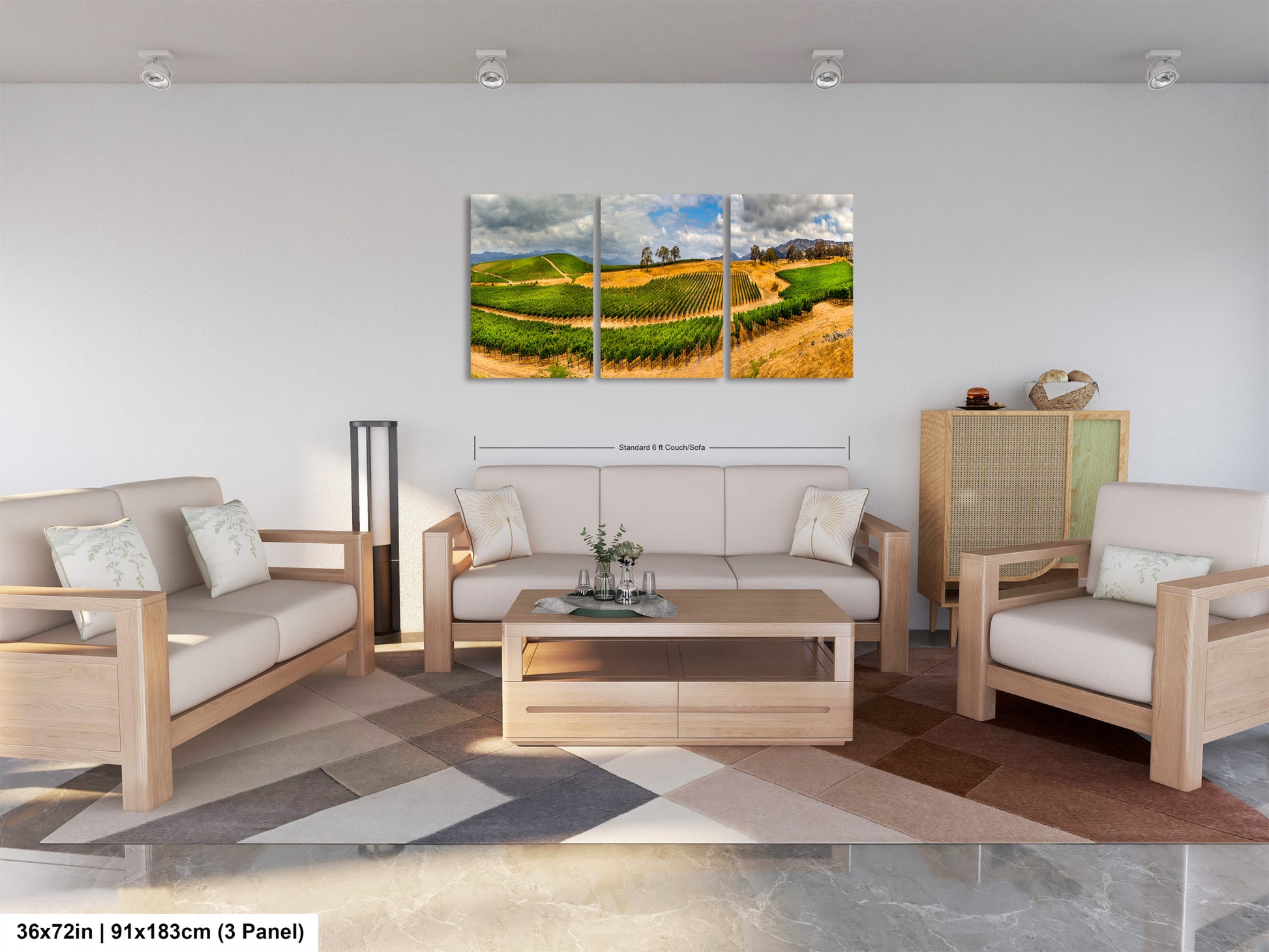 a living room filled with furniture and a painting on the wall