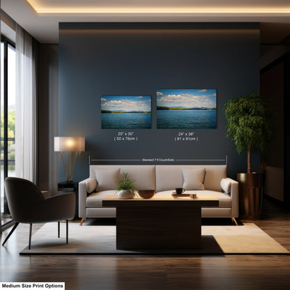 The image is a modern living room with a large window, a gray sofa, a coffee table, and two framed landscape paintings on the wall.