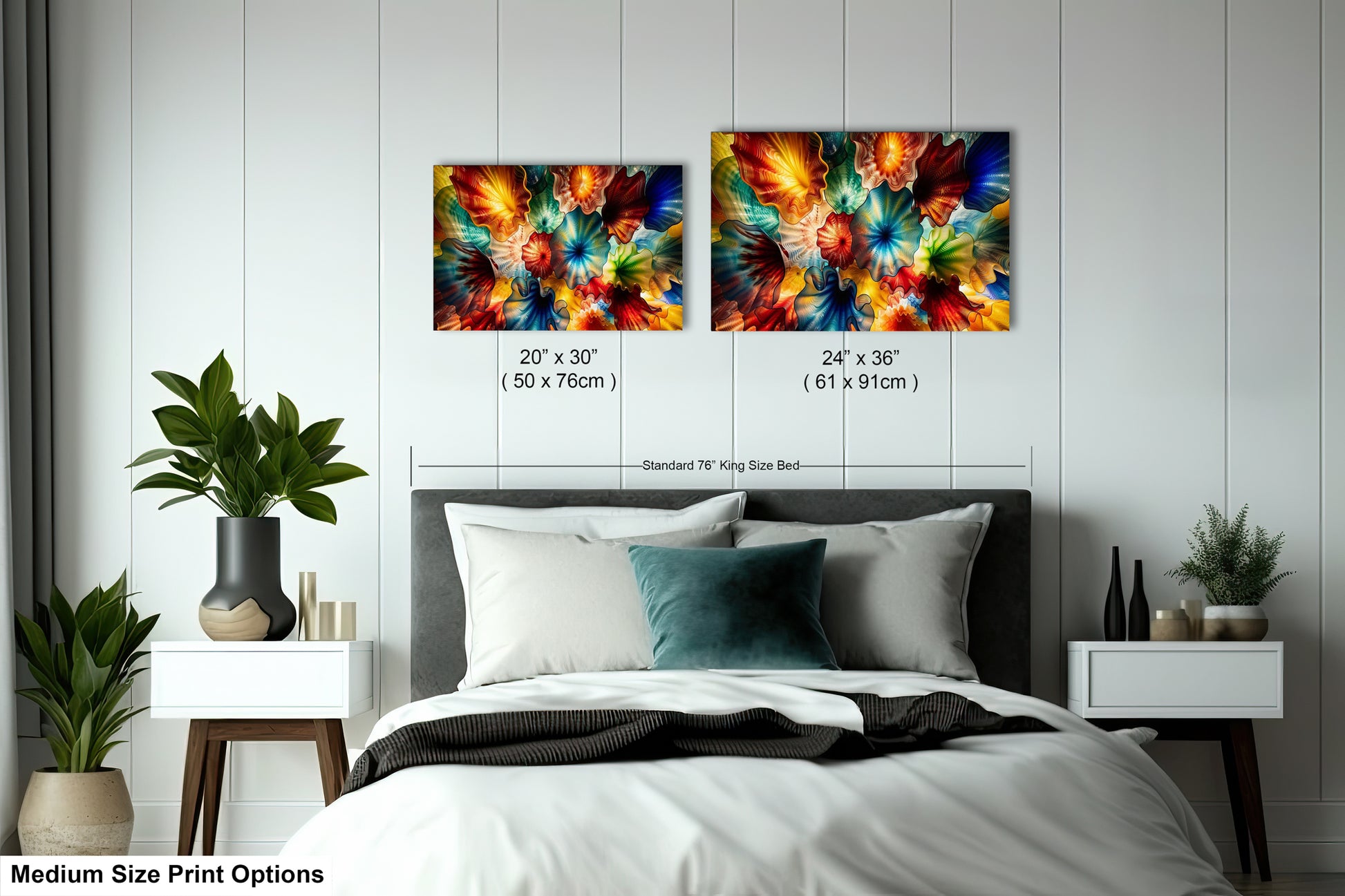 a bedroom with a bed, nightstands, and potted plants. There are two framed paintings hanging on the wall above the bed, depicting colorful flowers. The paintings are of different sizes, with one being larger than the other. The text indicates that the medium size print options are available, and the image is a collage of multiple images.