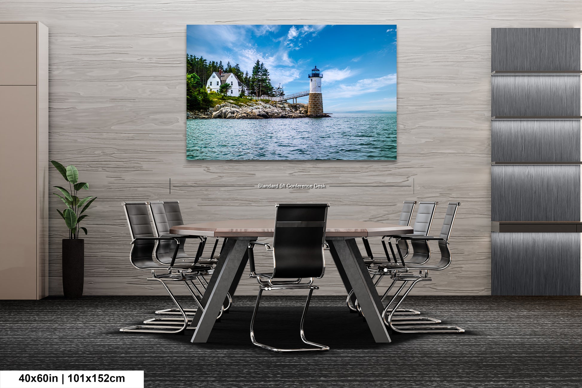 a dining room table with chairs and a picture of a lighthouse