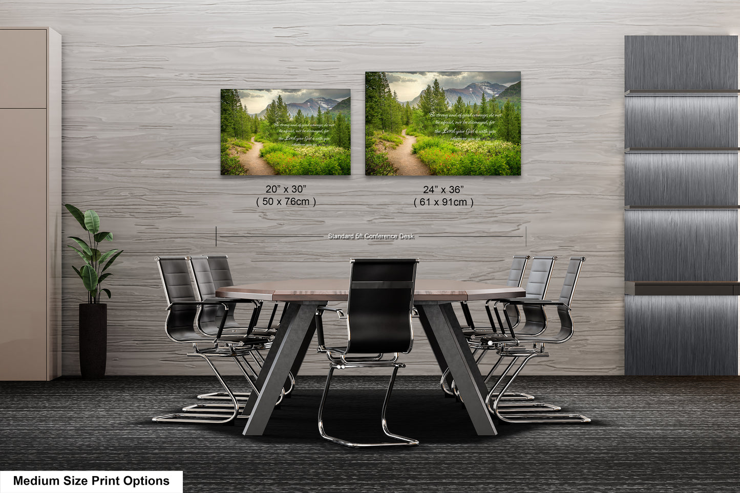 a dining room table with chairs and two pictures on the wall