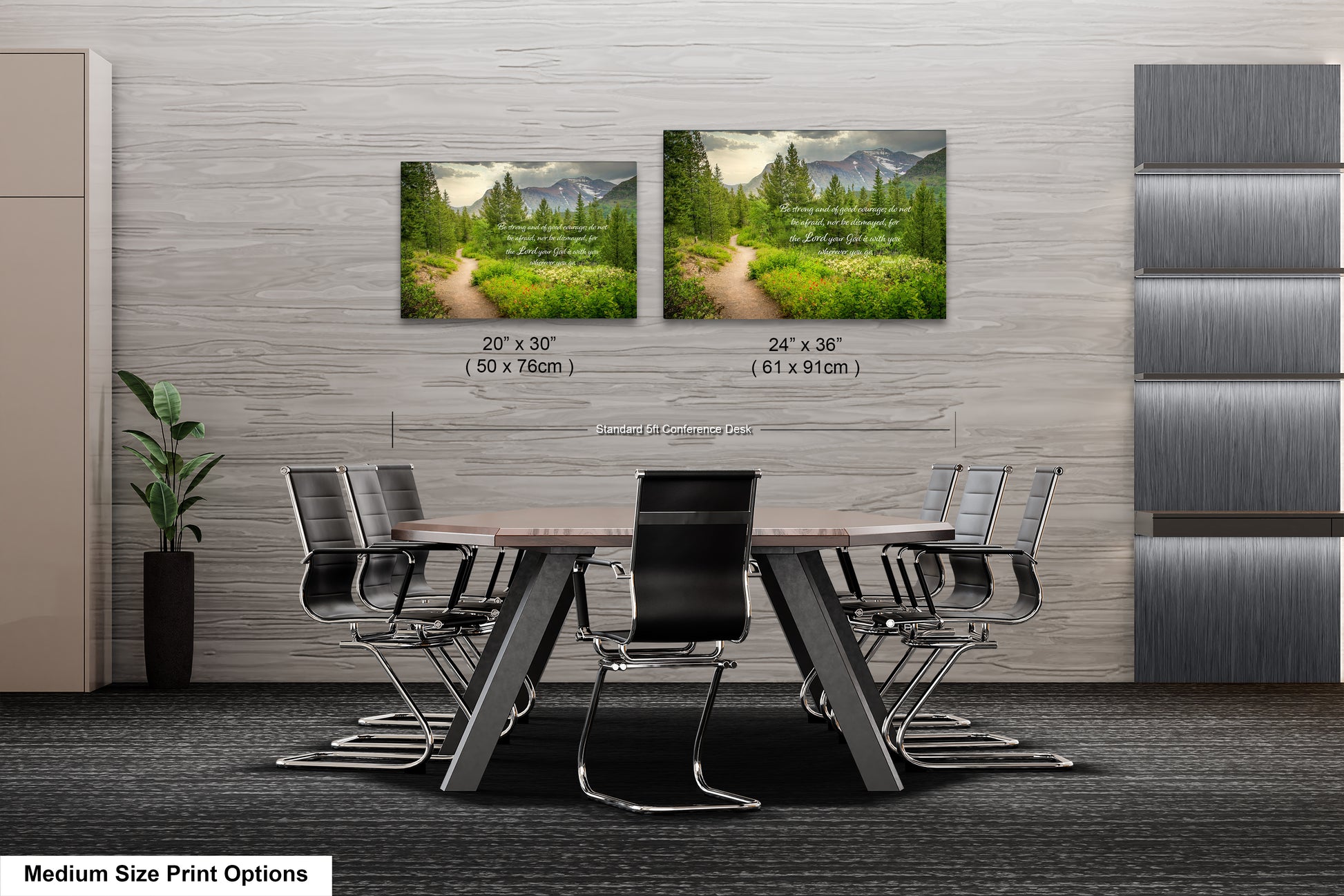 a dining room table with chairs and two pictures on the wall