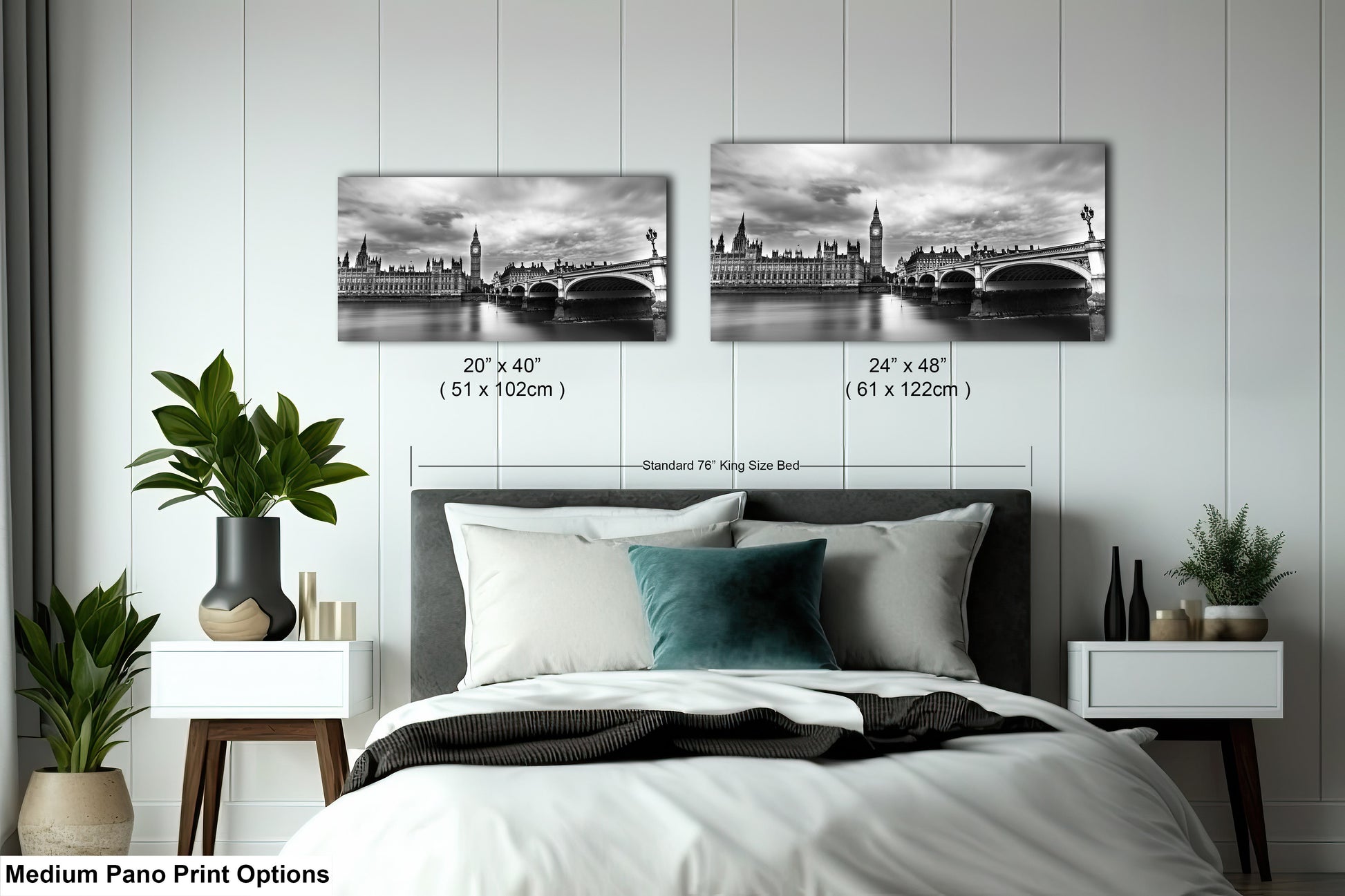 a bed room with a neatly made bed and two pictures on the wall