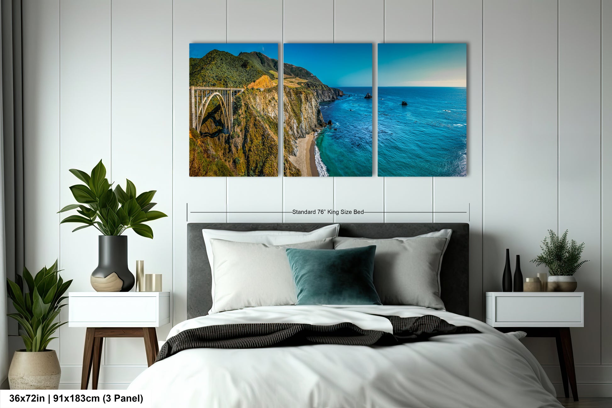 a bed room with a neatly made bed and a painting on the wall