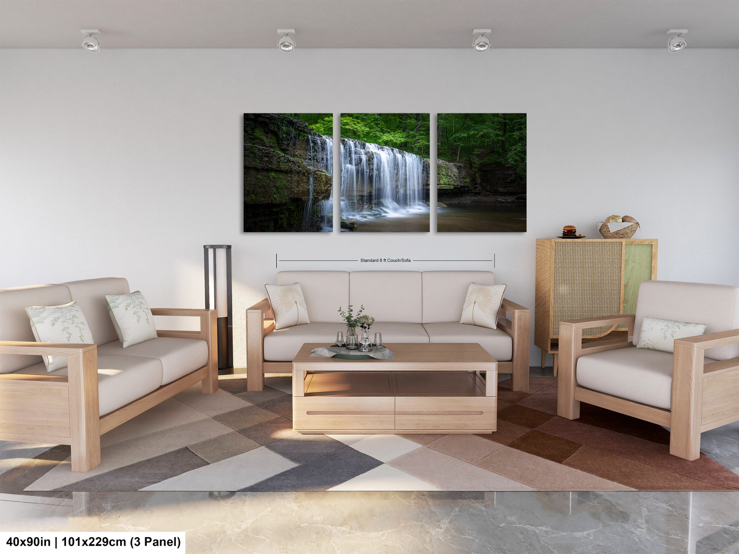 a living room filled with furniture and a waterfall