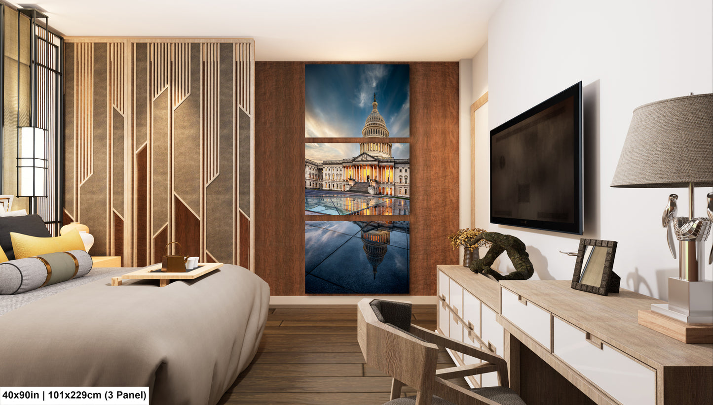 a bedroom with a large painting on the wall