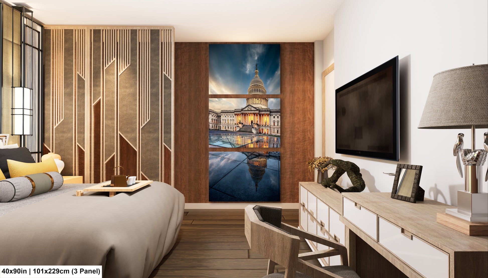 a bedroom with a large painting on the wall