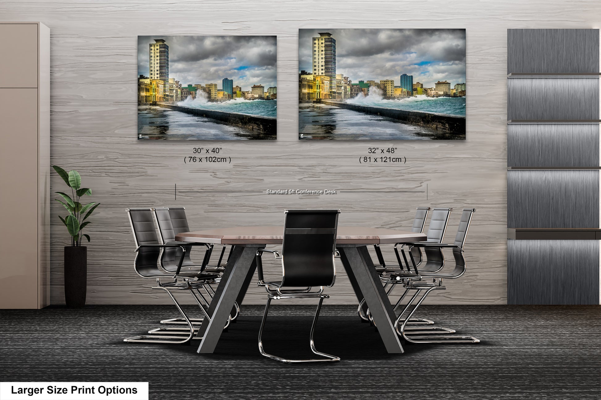 a dining room table with chairs and a picture of a city
