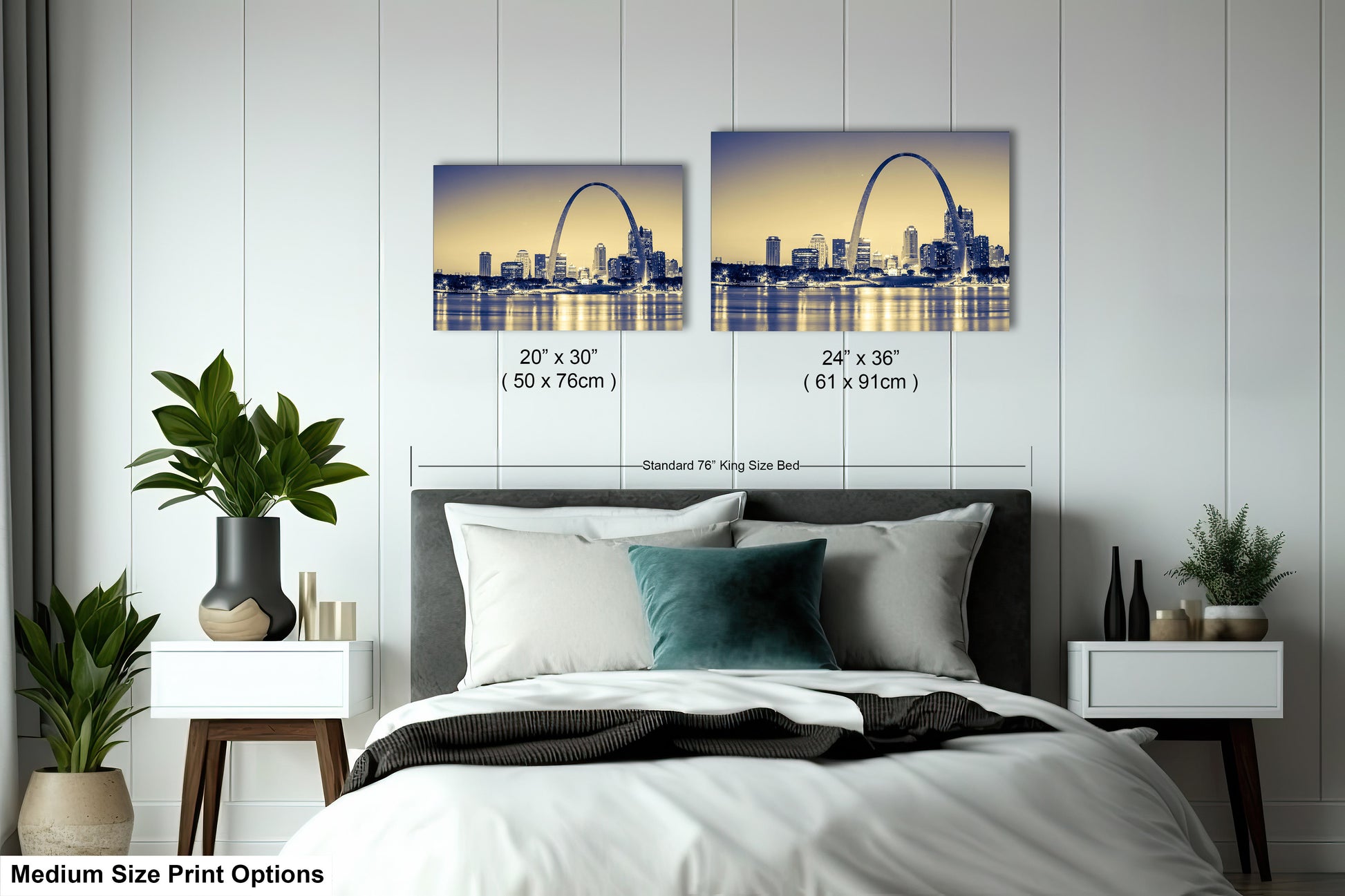 a bedroom with a bed and two pictures on the wall