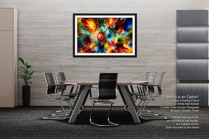 a modern office space with a large, colorful abstract painting hanging on the wall above a wooden conference table surrounded by black chairs.