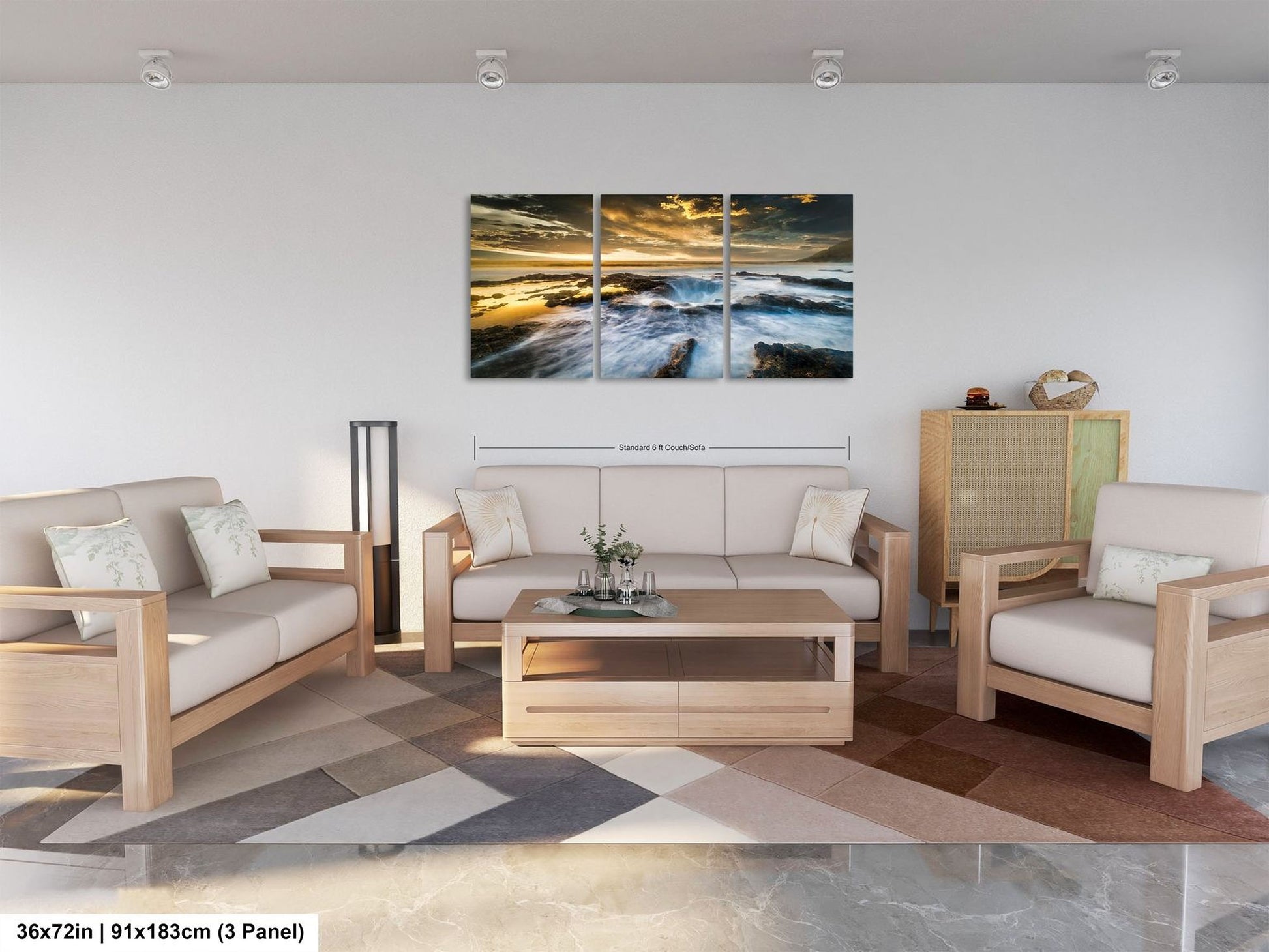 a living room filled with furniture and a painting on the wall