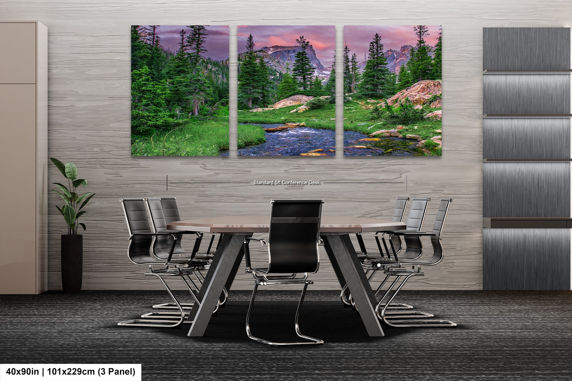 a dining room table with chairs and a painting on the wall